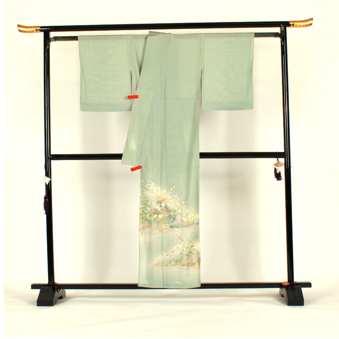 色留袖 身丈156.5cm 裄丈64cm 紗 庭園風景 作家物 正絹 Aランク 一つ紋 緑系 1111000153319