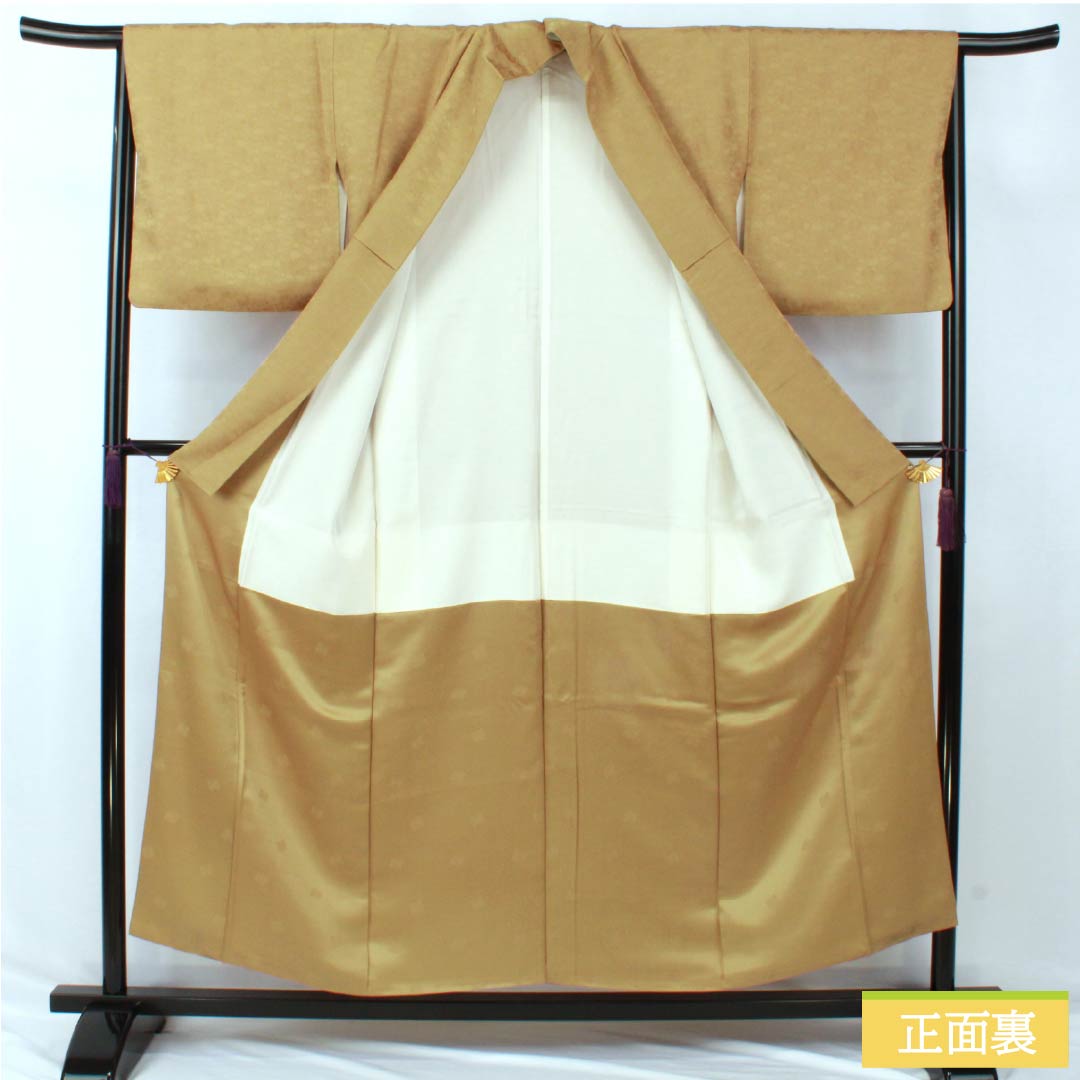 Solid-colored silk kimono, S rank, length 154cm, sleeve length 64cm, hibiscus-brown (hiwachairo) color, single crest (kikyo) with sewn crest, lined, green, 1114002432219