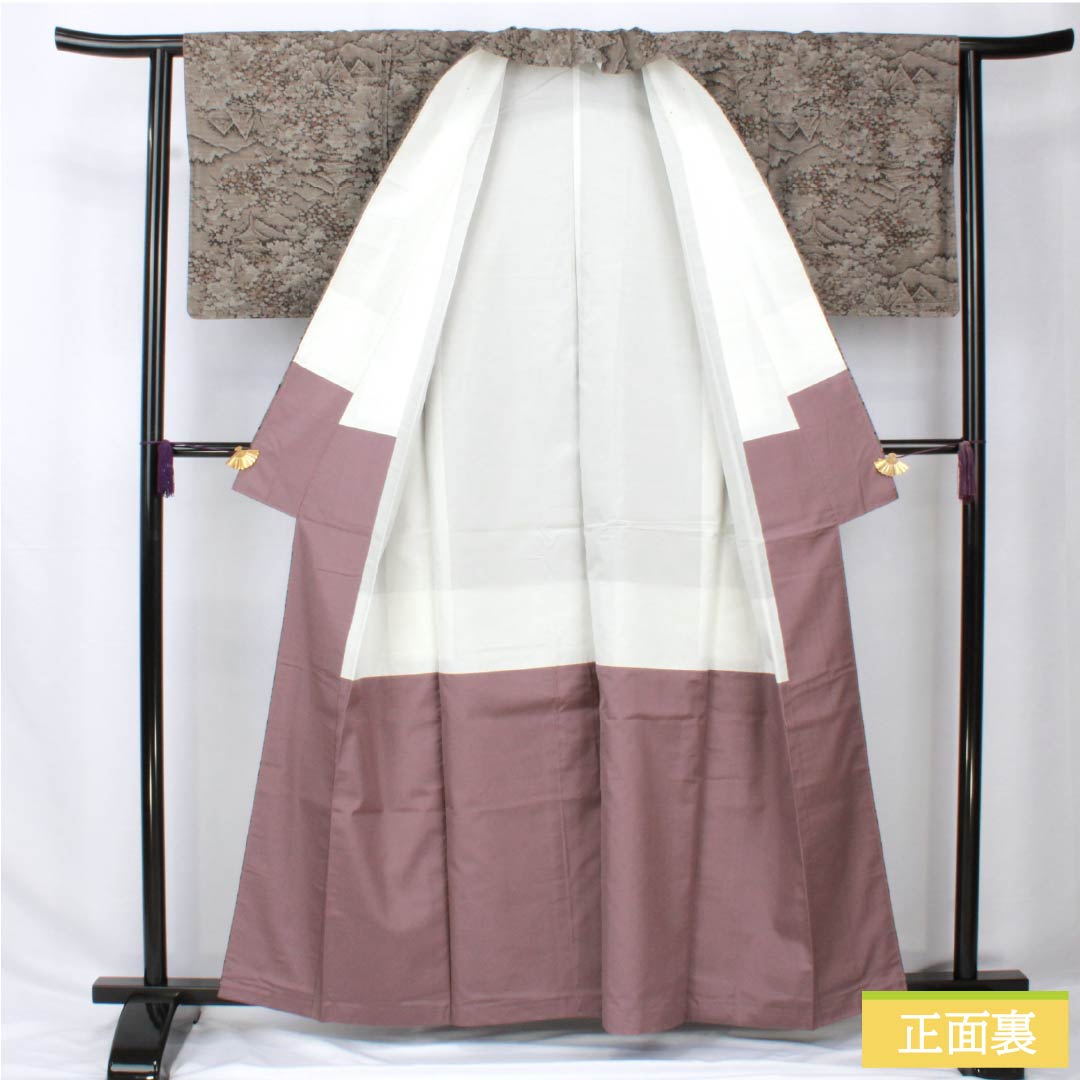 紬 正絹 身丈160.5cm 裄丈62.5cm 銀煤竹色（ぎんすすたけいろ） 風景模様 Aランク 袷 グレー系 1116003863422