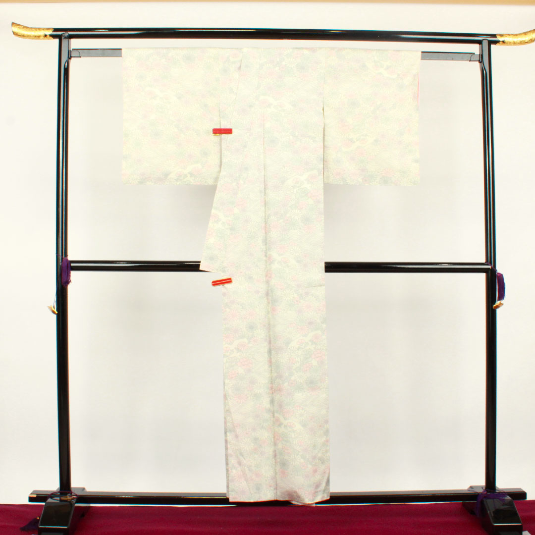 紬 身丈153cm 裄丈62.5cm 草花模様 ポリ Aランク 袷 白系 1116002143211