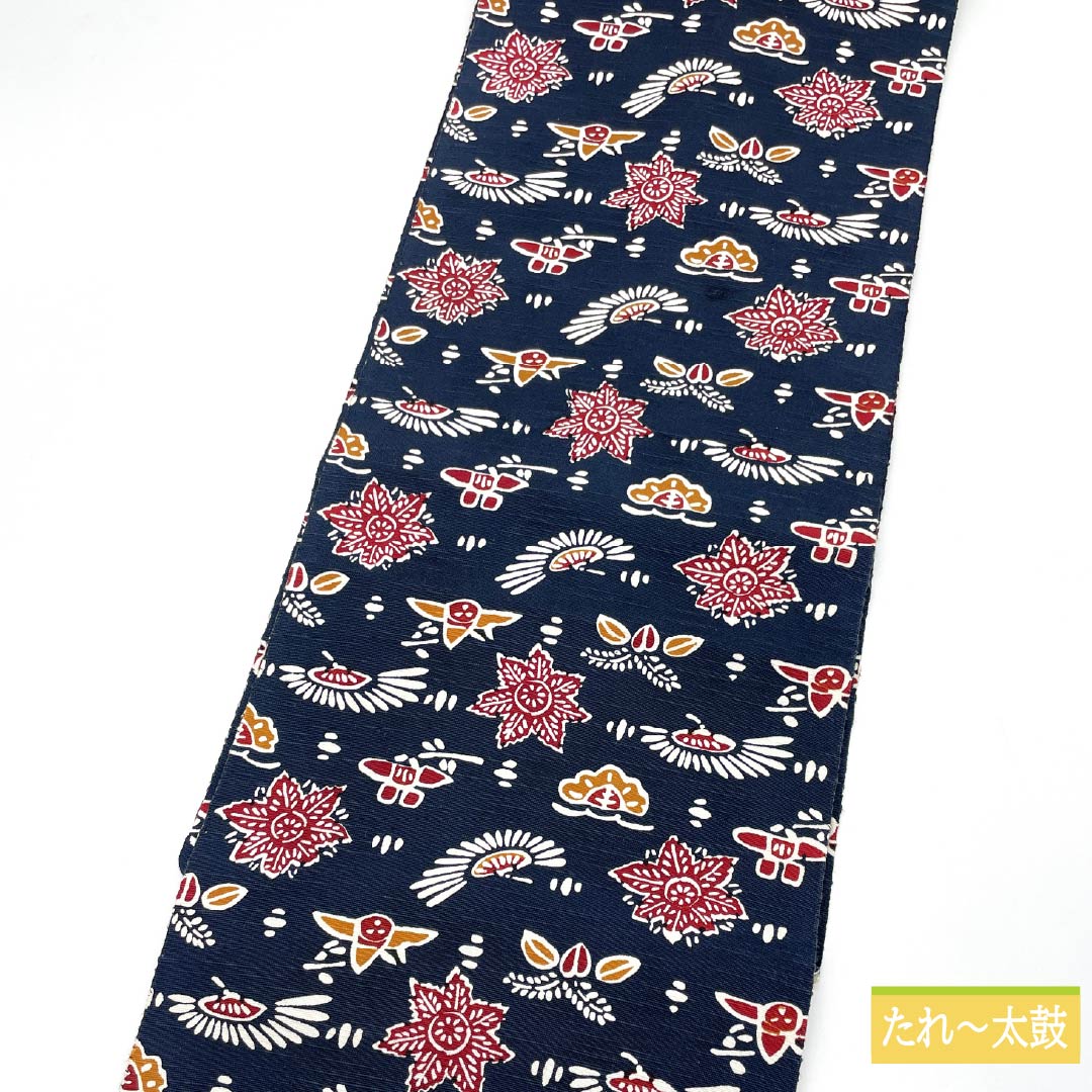 Nagoya obi, smoked color (fusubeiro), stencil-dyed, tsumugi fabric, folk art style, obi length 350cm, pure silk, S rank, full length, casual, navy blue, 1124006552318, Nagoya tailoring
