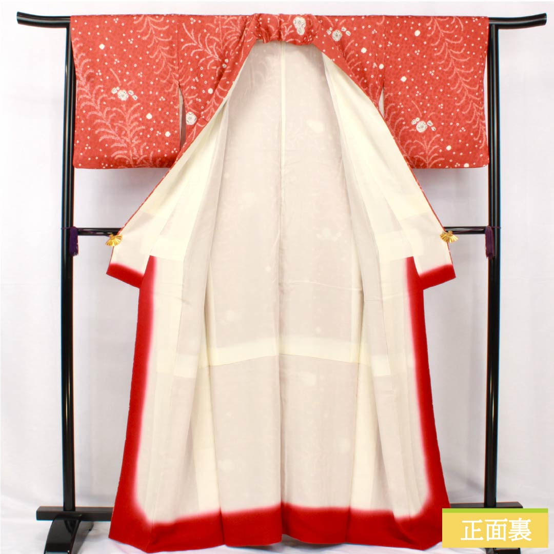 小紋 正絹 身丈163cm 裄丈65cm 袷 緋銅色（ひどうしょく） 絞り 辻ヶ花 Sランク 朱系 1115005242416