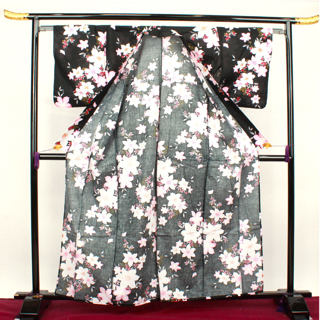 浴衣 花模様 木綿 Sランク 単衣 身丈162cm 裄丈67cm 黒系 1118001162410