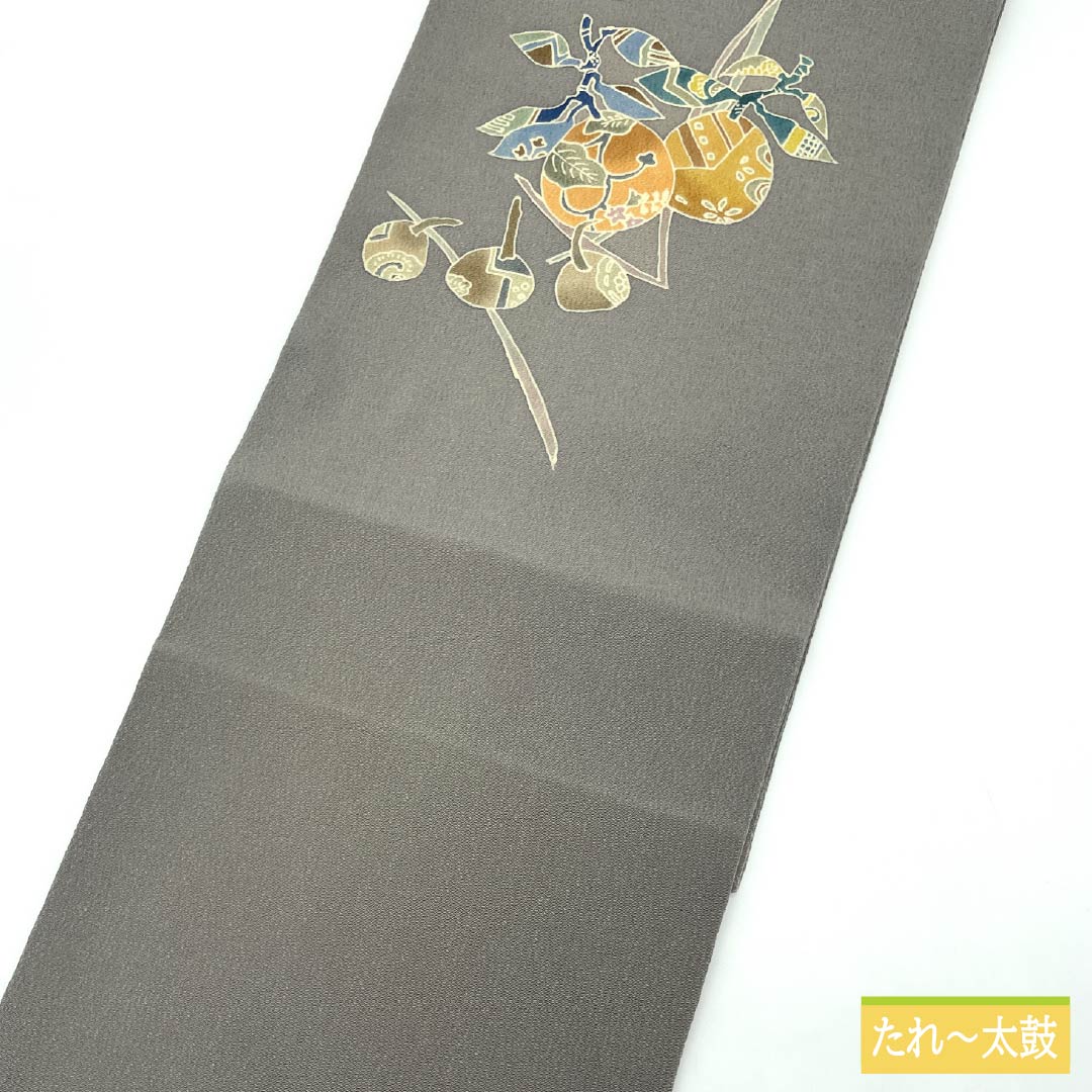 未着用名古屋帯 縮緬葡萄模様 グレー ベージュ