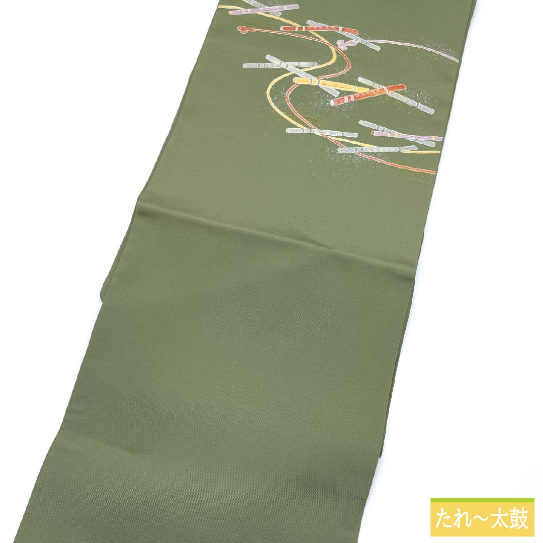 名古屋帯 正絹 Sランク 岩井茶色（いわいちゃいろ） 染め帯 笛 帯丈372cm ポイント柄 セミフォーマル 緑系 1124010672319 名古屋仕立て