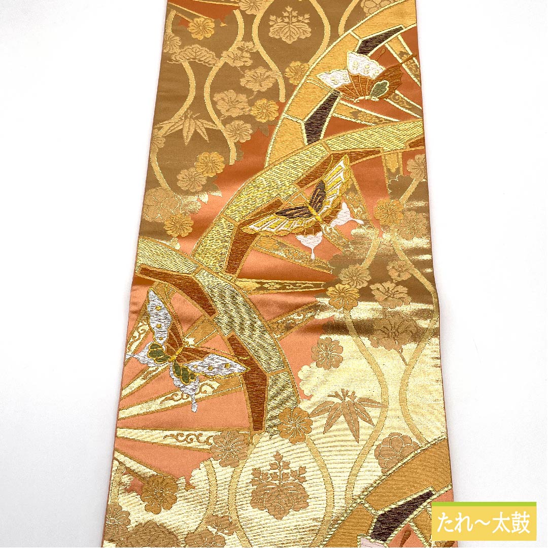 袋帯 正絹 鴇糸（ときいろ） 車輪 蝶 松竹梅 立湧 帯丈430cm Sランク 六通 フォーマル ピンク系 1123011762313