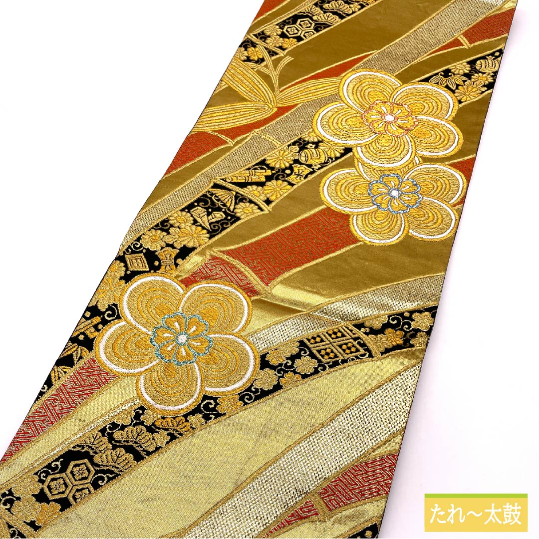 袋帯 正絹 振袖用 粋翔華匠錦 ねじり梅 宝尽くし 帯丈420cm Sランク 六通 フォーマル 金系 1123013792321