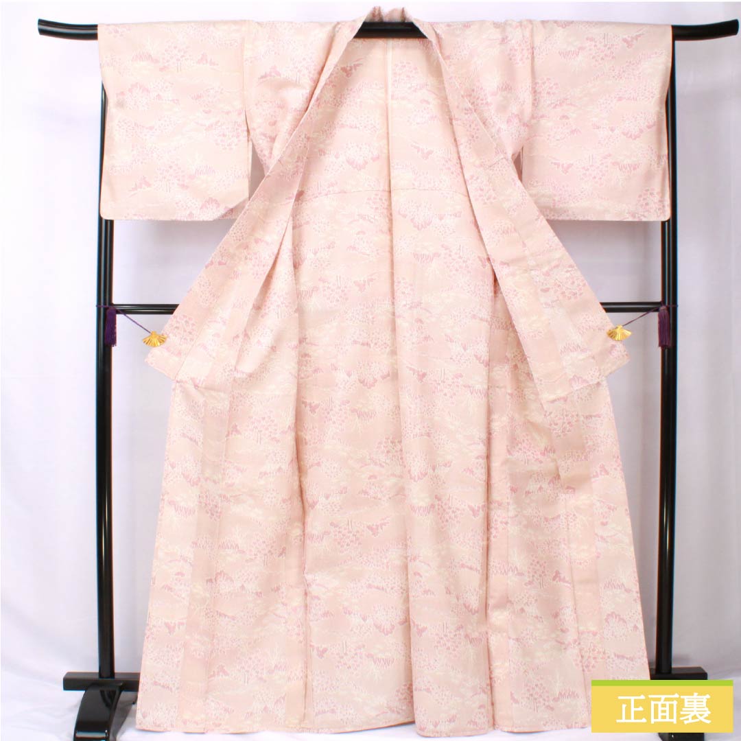 紬 正絹 身丈169.5cm 裄丈67cm 浅蘇芳色（あさきすおういろ） 風景模様 Sランク 単衣 ピンク系 1116003822513