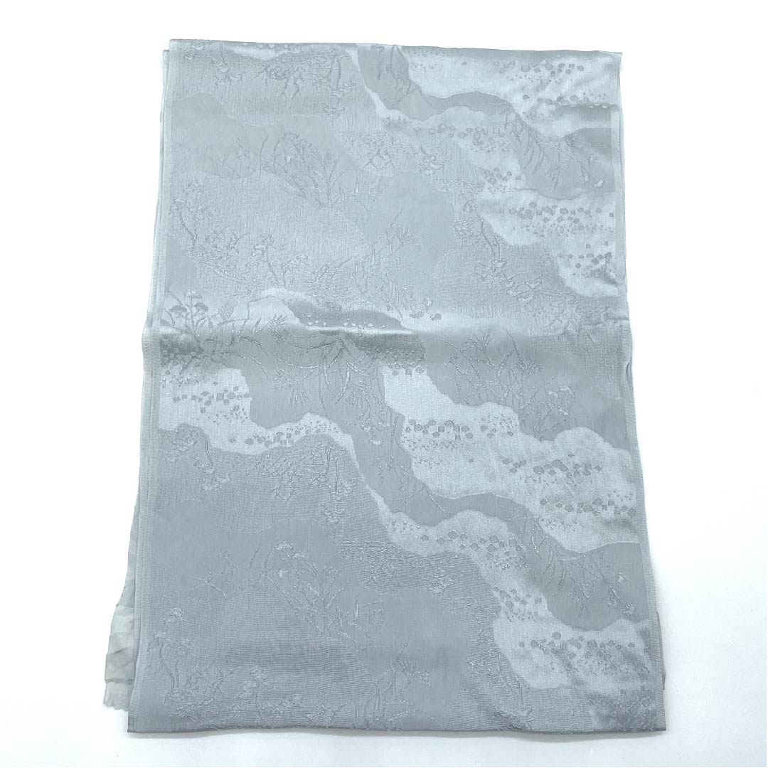 帯揚げ 正絹 セミフォーマル 白銅色（はくどういろ） 古典柄 草花模様 長さ約164cm 幅約29cm Sランク グレー系 1136000562922