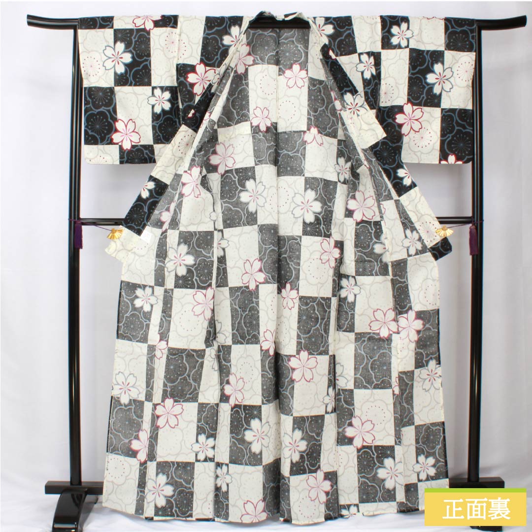 浴衣 木綿 身丈166.5cm 裄丈67cm Sランク 単衣 モノトーン 市松模様 桜 梅 1118006012527
