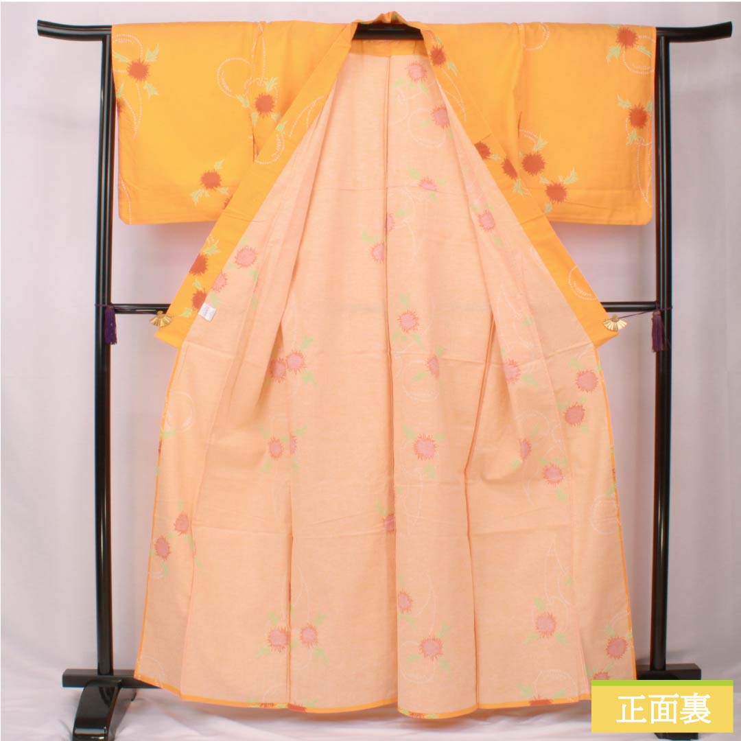 Cotton Yukata, Length 162.5cm, Sleeve Length 65cm, S Rank, Single Layer, Orange with Cherry Design, 1118005952426