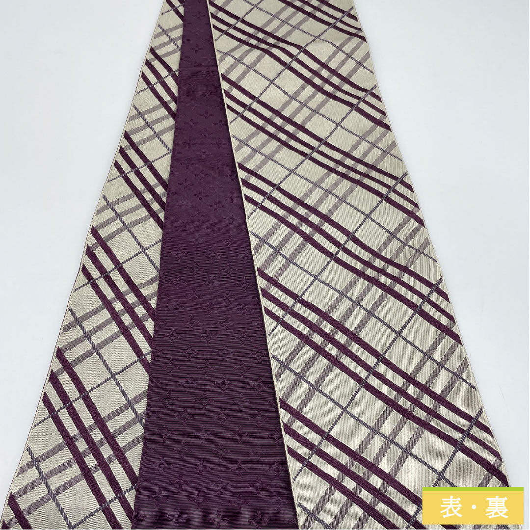 半幅帯 ポリエステル Sランク 格子 小花 リバーシブル 帯丈410cm グレー系 1125002352422