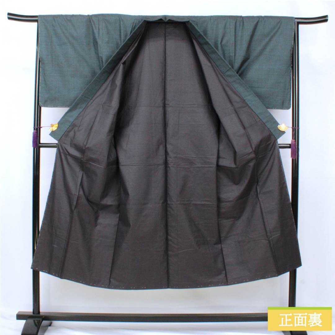 男物 正絹 Sランク 身丈141cm 裄丈67.5cm 裏色（うらいろ） 大島紬 100亀甲 アンサンブル 袷 青系 1119001392417