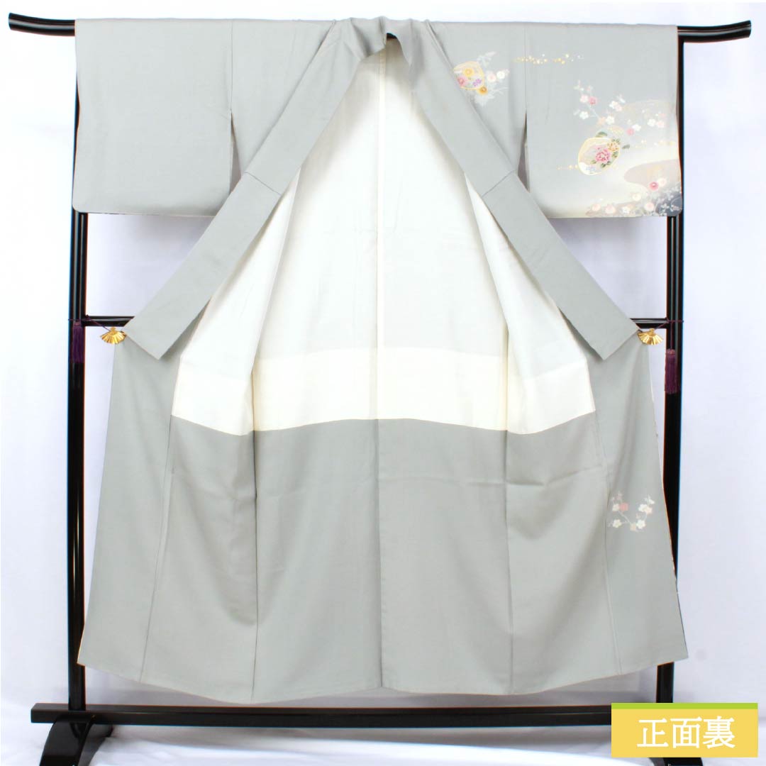 訪問着 正絹 Aランク 袷 身丈153cm 裄丈63.5cm 魚肚白色（ぎょとはくいろ） 京友禅 金駒刺繡 貝合わせ 吉祥文様 万寿菊 グレー系 1112007433222