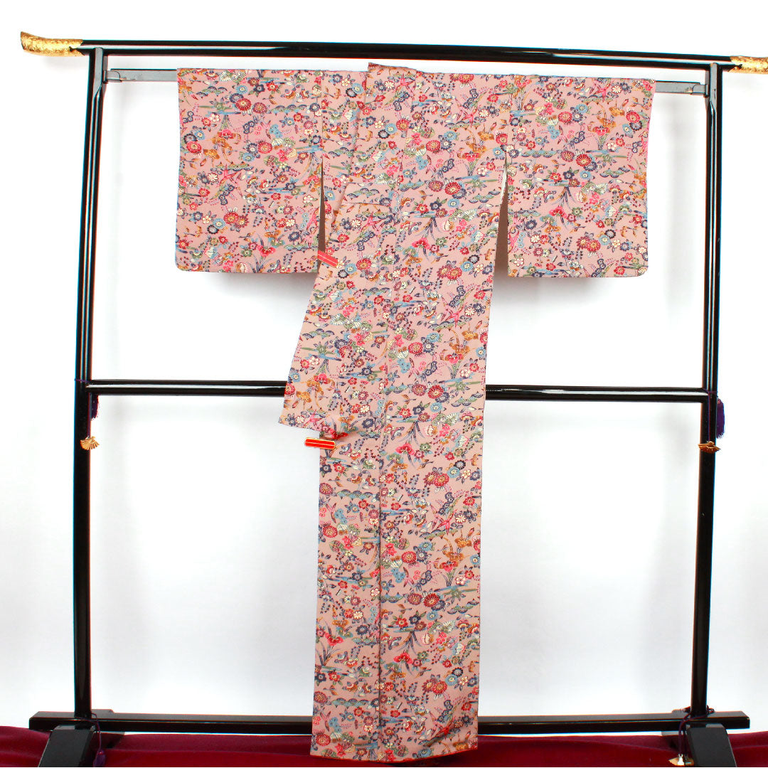 小紋 身丈159.5cm 裄丈64.5cm 袷  銀煤竹色 型染 草花模様  正絹 Sランク 朱系 1115002212316