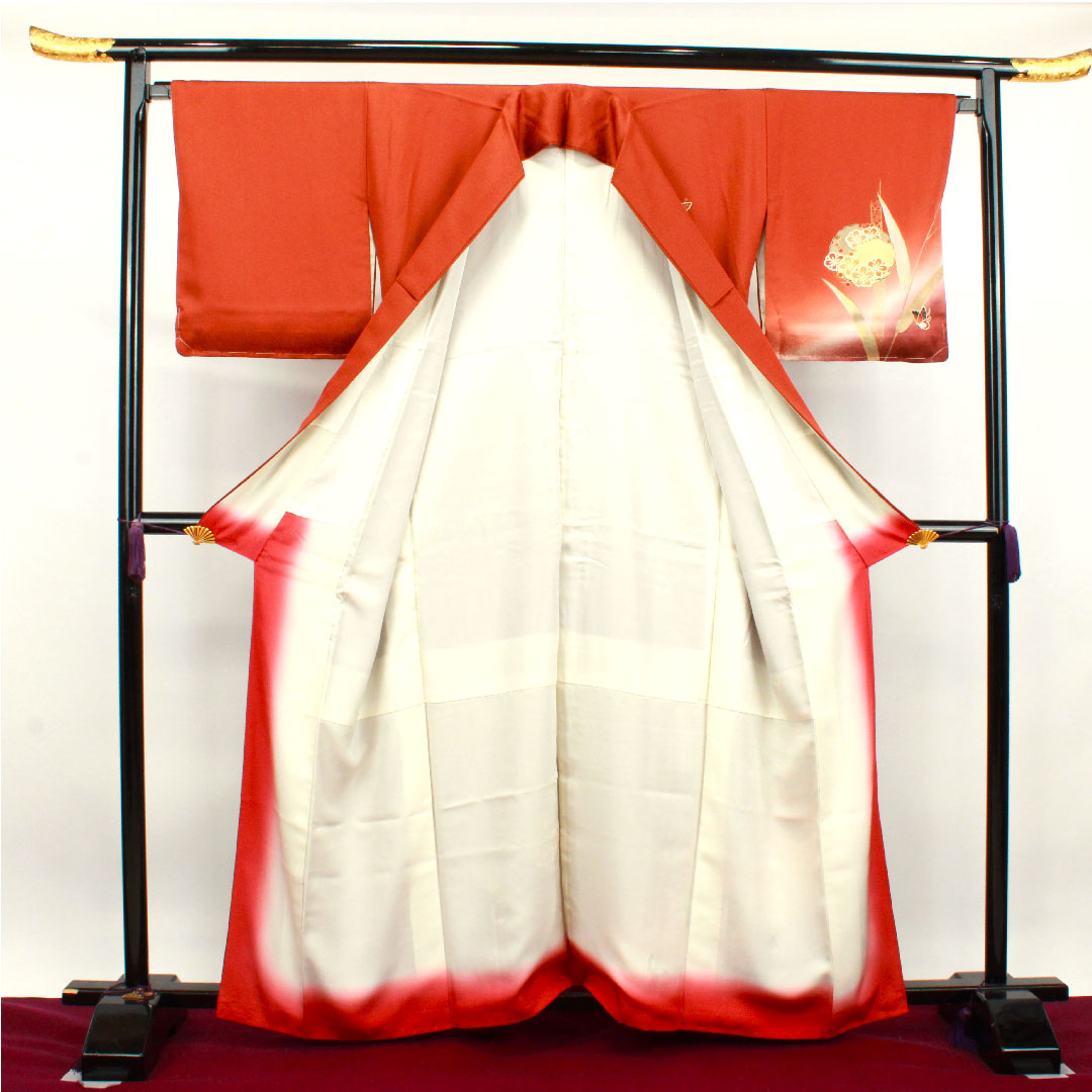 訪問着 正絹 袷 身丈162.5cm 裄丈67cm 赤蘇芳色 京友禅 蝶 雪輪 菊 しつけ糸付き 未使用品 Sランク 橙系 1112003042426