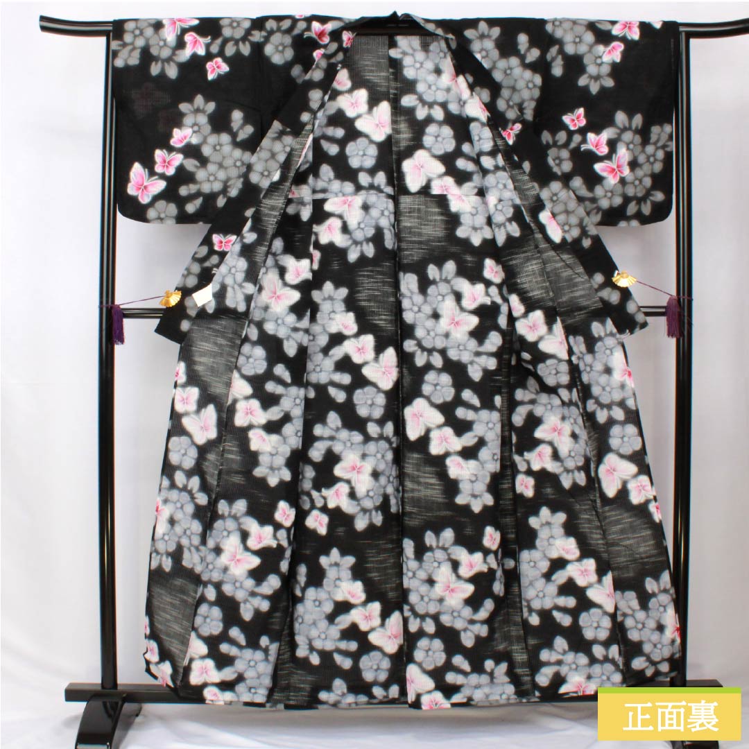 Cotton Yukata, Length 158.5cm, Sleeve Length 64.5cm, S Rank, Single Layer, Black, Butterfly and Flower Design, 1118006152310
