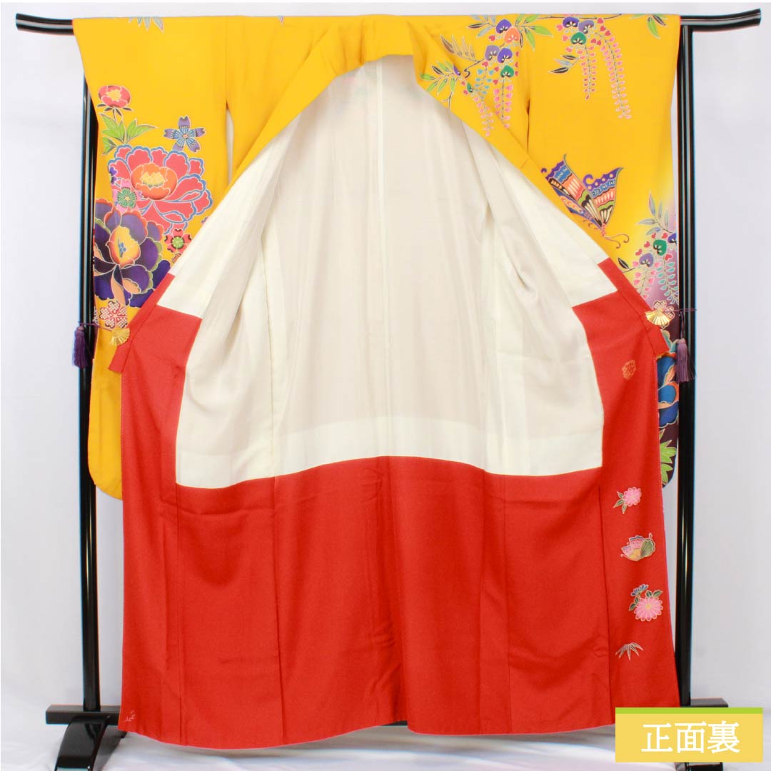 振袖 正絹 Aランク 身丈161.5cm 裄丈66cm 袷 山吹色（やまぶきいろ） 京紅型 宮崎染工 作家物 吉祥文様 牡丹 黄系 1113002513423