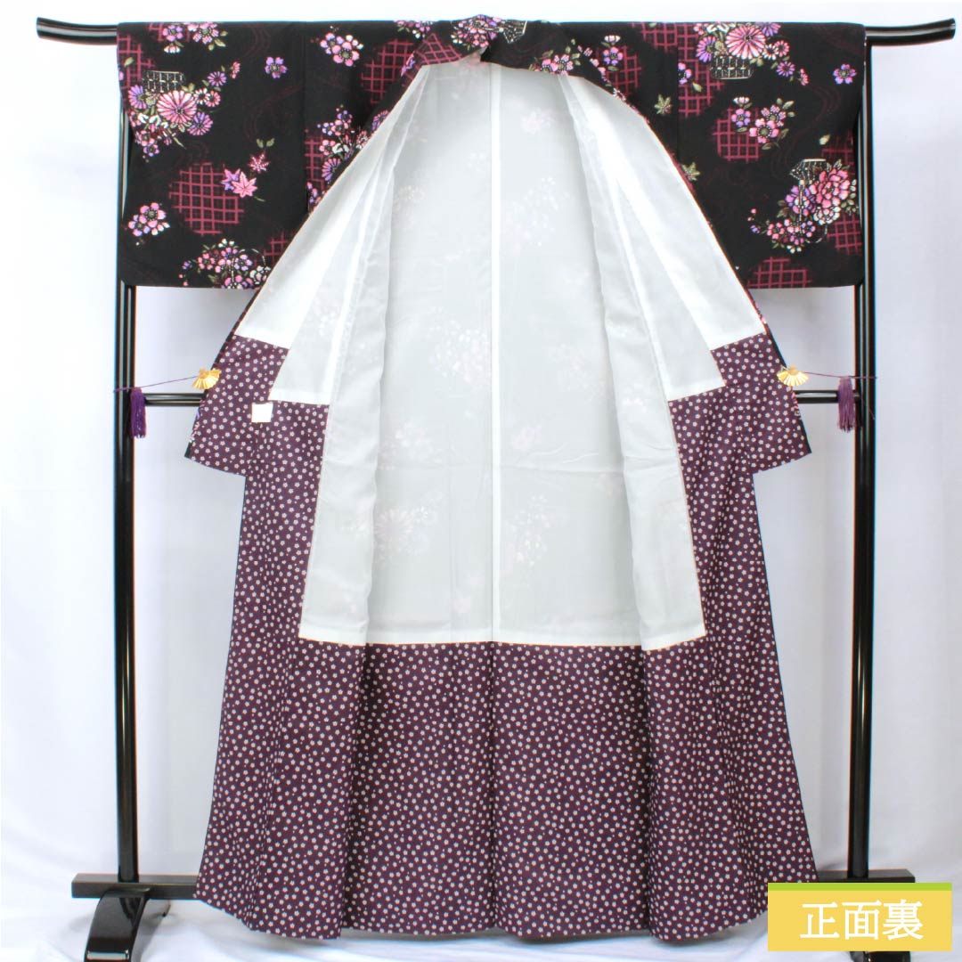 小紋 ポリエステル 身丈163cm 裄丈67cm 袷 花籠 洗える着物 Aランク 黒系 1115005893410