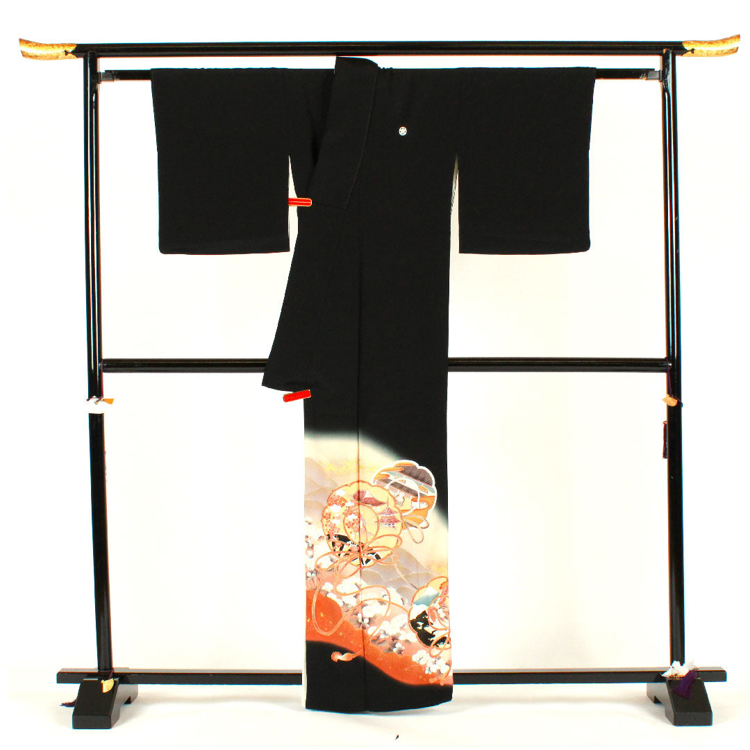 黒留袖 身丈161cm 裄丈64cm 袷 京友禅 吉祥文様 丸に橘 正絹 Aランク 五つ紋 黒系 1111000373410