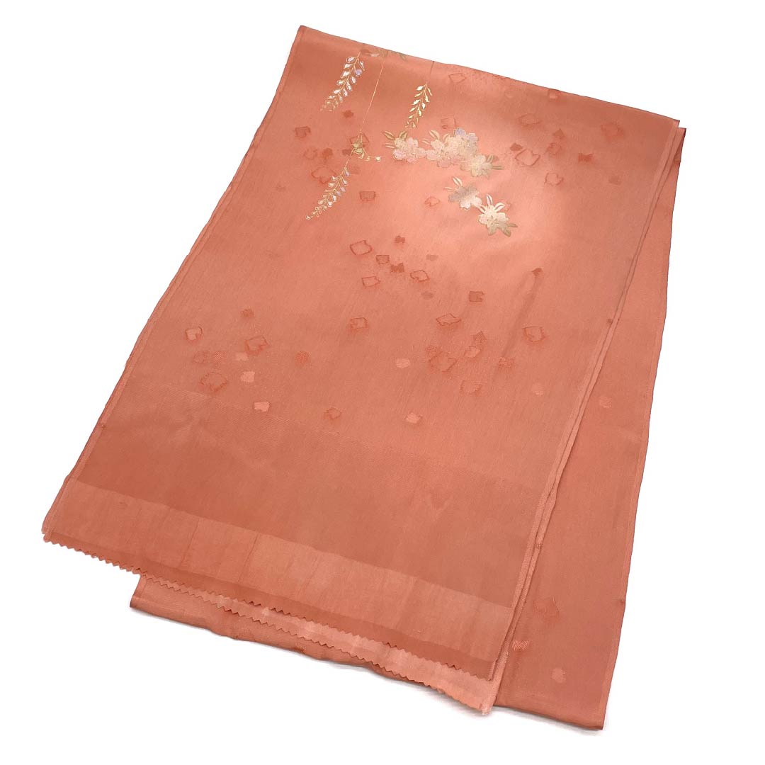 Obiage, pure silk, S rank, semi-formal, araishuiro (reddish orange), cherry blossom, length approx. 183cm, width approx. 30.5cm, pink-based, 1136002392913