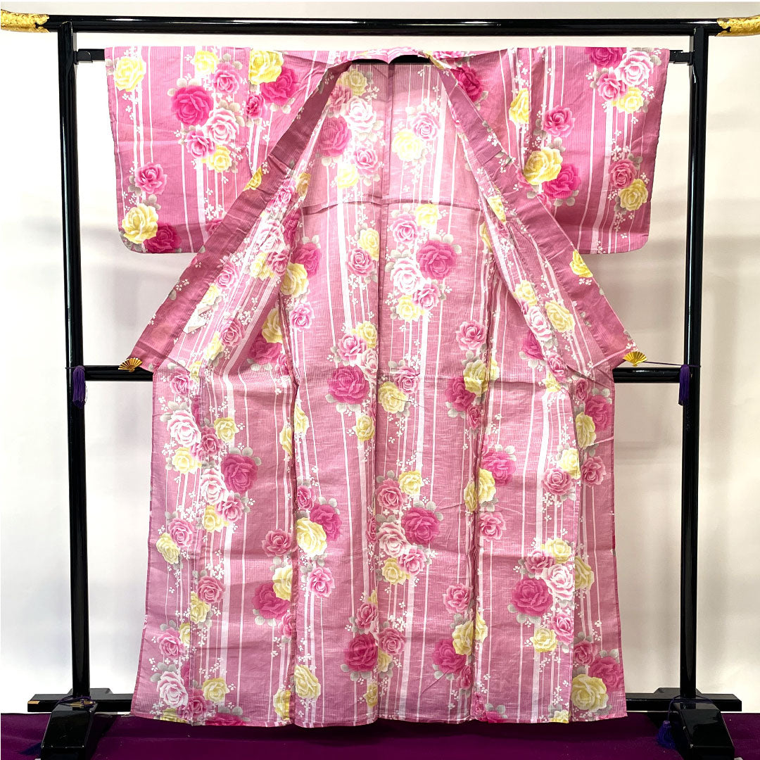 浴衣 撫子色 薔薇 縞 木綿 Aランク 単衣 身丈165.5cm 裄丈66cm ピンク系 1118002233513