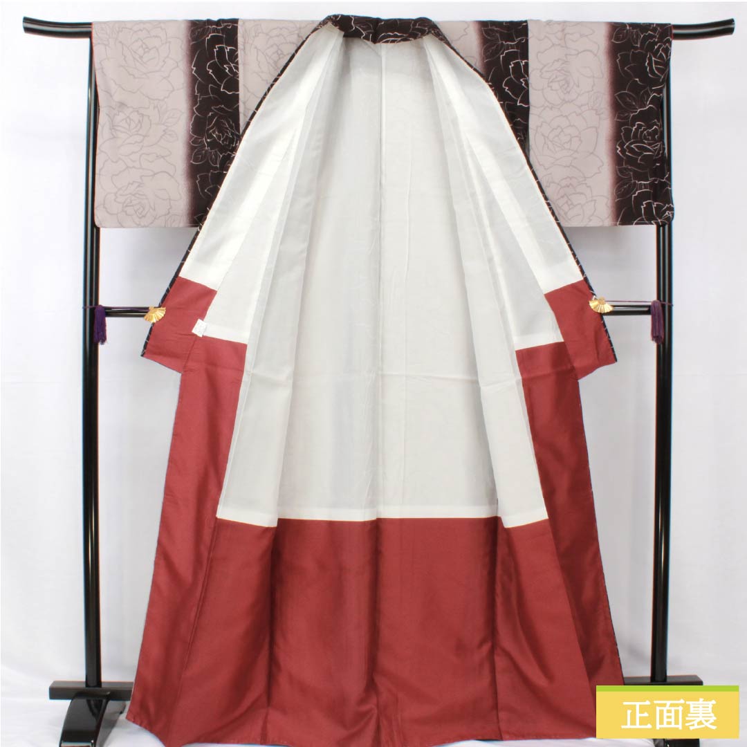 小紋 ポリエステル 身丈167.5cm 裄丈67.5cm 袷 褐色（かちいろ） 小町鼠色（こまちねずいろ） 洗える着物 薔薇 しつけ糸付き Sランク グラデーション系 1115005202599