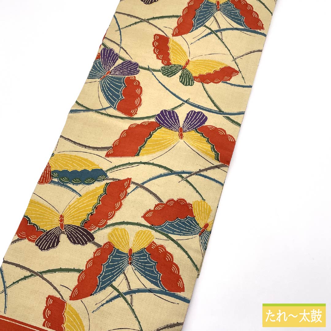 Nagoya Obi, Pure Silk, S-Rank, Torinoko Color, Stencil Dyed with Dew Grass and Butterfly Patterns, Length 365cm, Six-Ply, Casual, Beige, Product Number 1124009322325, Nagoya Style