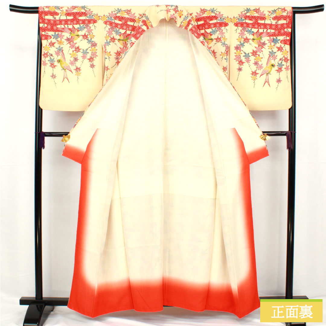 訪問着 正絹 袷 身丈158.5cm 裄丈65cm 密陀僧色（みつだそういろ） 京紅型 紅葉 鳥 Aランク クリーム系 1112005943315