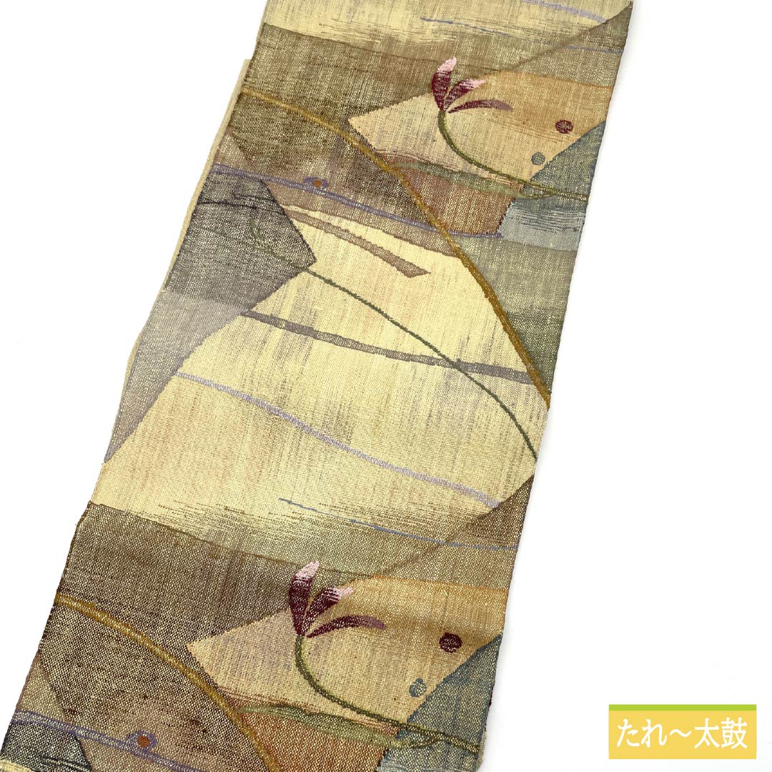 名古屋帯 鳥の子色（とりのこいろ） 紬地 抽象花模様 幾何学模様 帯丈368cm 正絹 Sランク 六通 カジュアル ベージュ系 1124008232325 名古屋仕立て