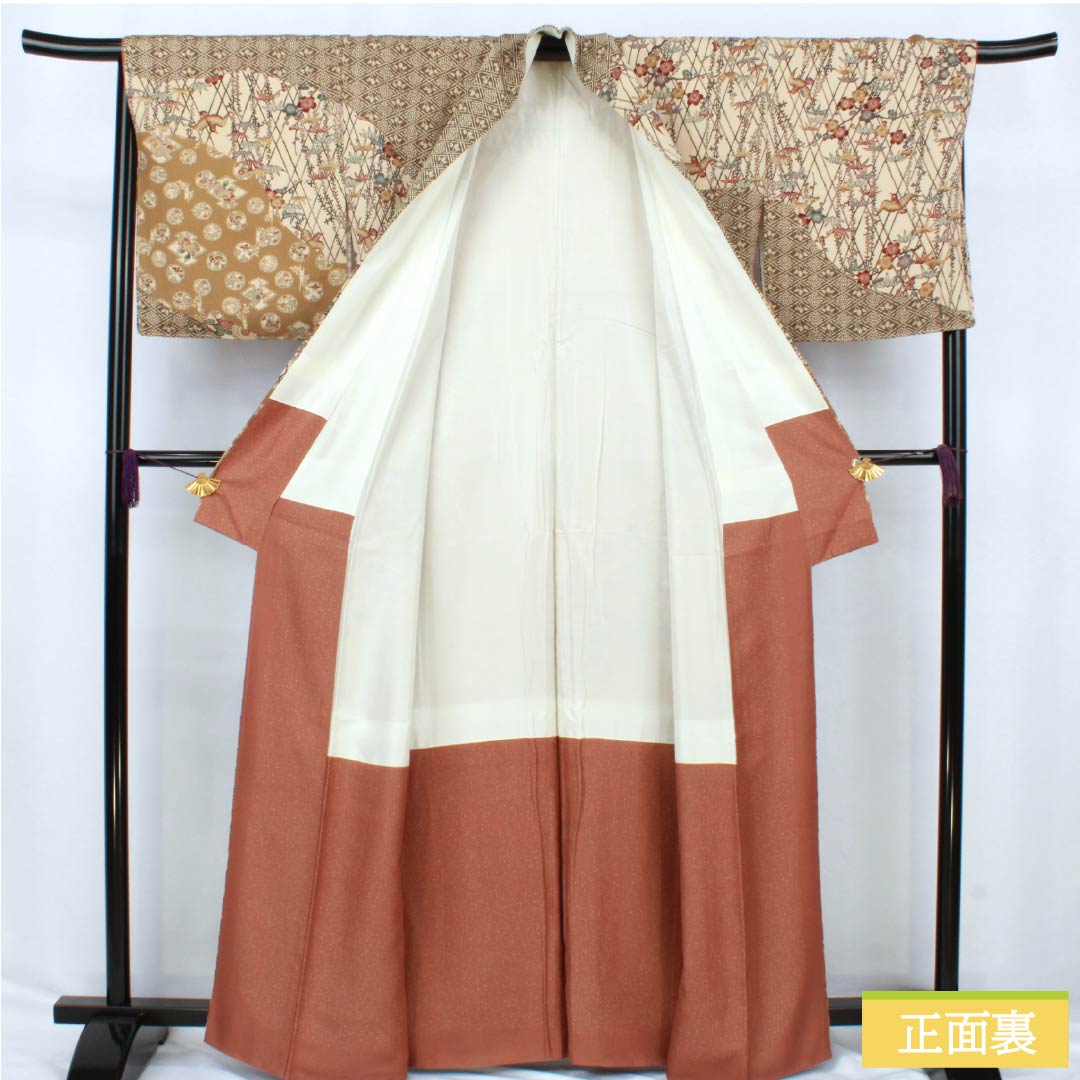 訪問着 正絹 Aランク 袷 身丈164cm 裄丈68cm 胡桃色（くるみいろ） 京紅型 吉祥文様 割付文様 古典柄 しつけ糸付き ベージュ系 1112006713425