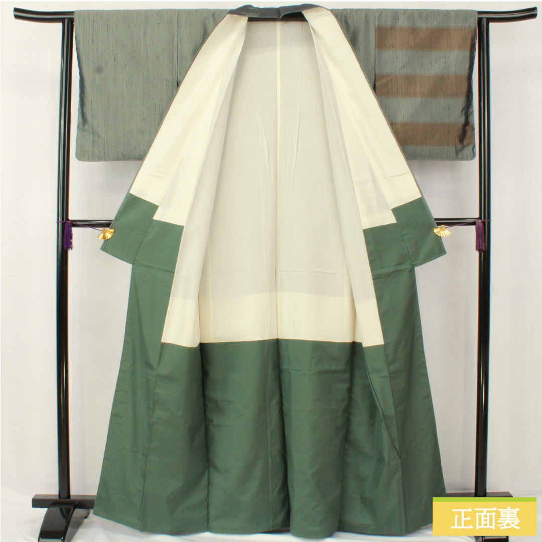 訪問着 正絹 袷 身丈163.5cm 裄丈63.5cm 深川鼠色（ふかがわねずいろ） 紬地 抽象模様 Sランク 緑系 1112005872419