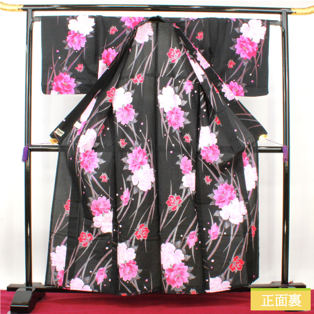 浴衣 木綿 身丈159.5cm 裄丈67cm Sランク 単衣 黒系 牡丹 1118005212310