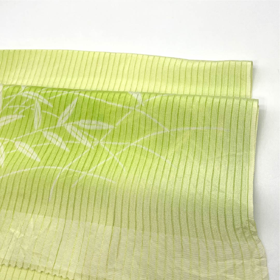 Obiage, pure silk, A rank, semi-formal, wakame-iro (light green), summer, tate-ro weave, leaves, length approx. 173cm, width approx. 28cm, green系, 1136004493919