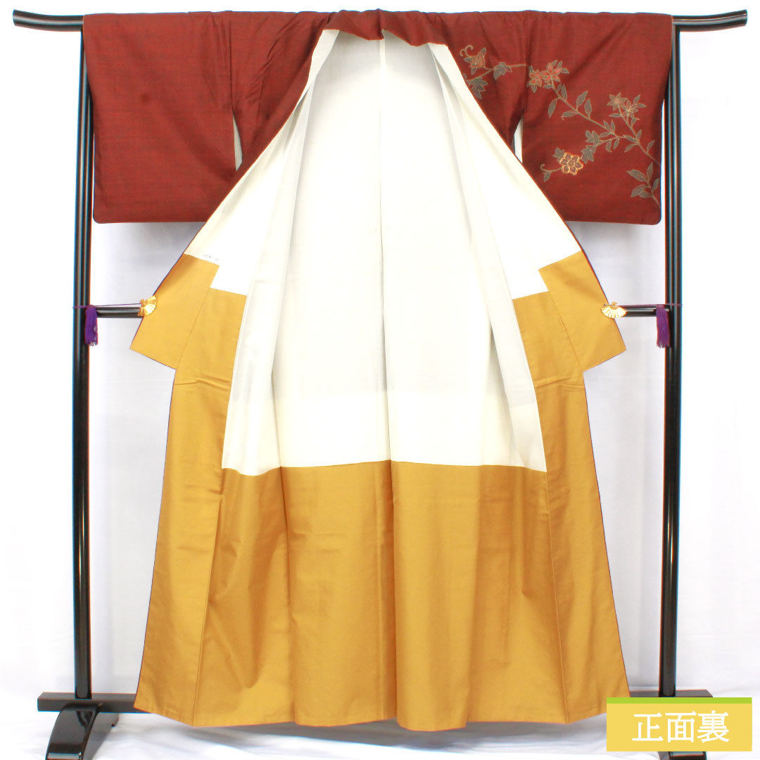 訪問着 正絹 袷 身丈158.5cm 裄丈65cm 生臙脂色（しょうえんじいろ） 大島紬地 紬地 蘇州刺繡 草花模様 Aランク 赤系 1112005493312