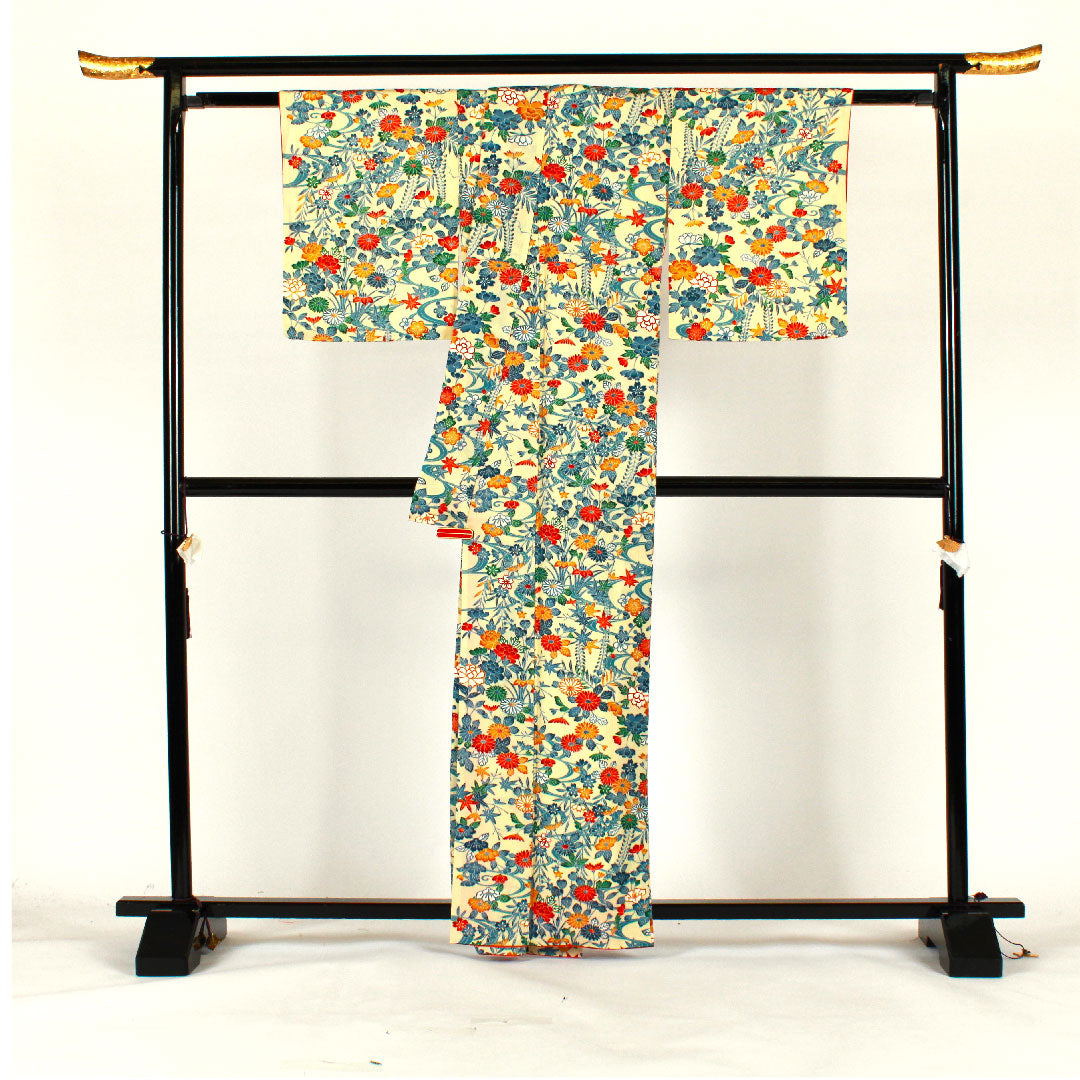 小紋 身丈163cm 裄丈66cm 袷  草花模様  ポリ Aランク クリーム系 1115001663415