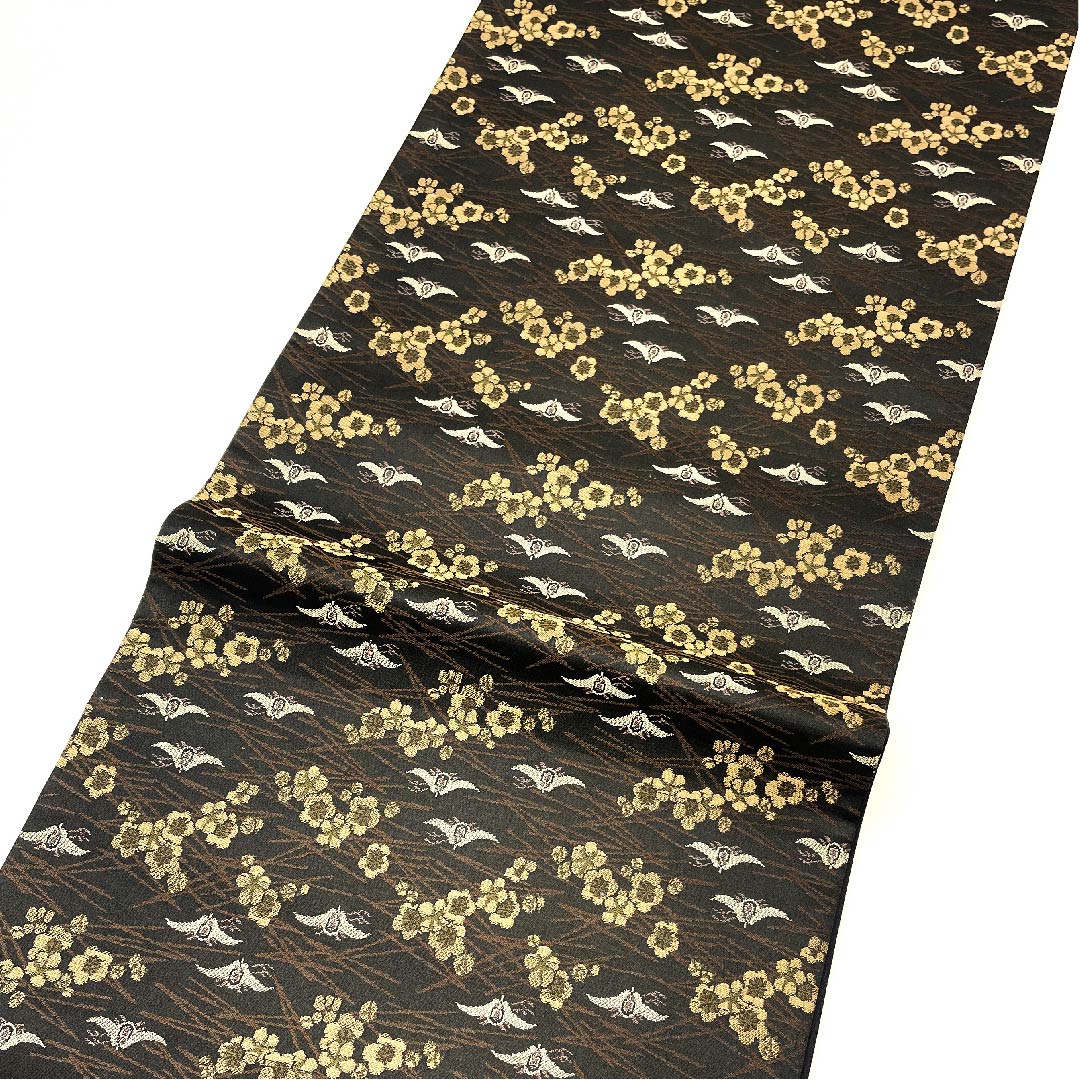 袋帯 黒色 松 梅 鳥 帯丈454cm 正絹 Sランク 全通 カジュアル 黒系 1123002852410