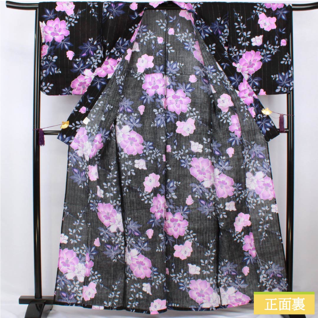 Cotton Yukata, Length 161.5cm, Sleeve Length 65cm, S Rank, Single Layer, Black, Vertical Silk, Floral Design with Silver Thread, Product Number: 1118006662410