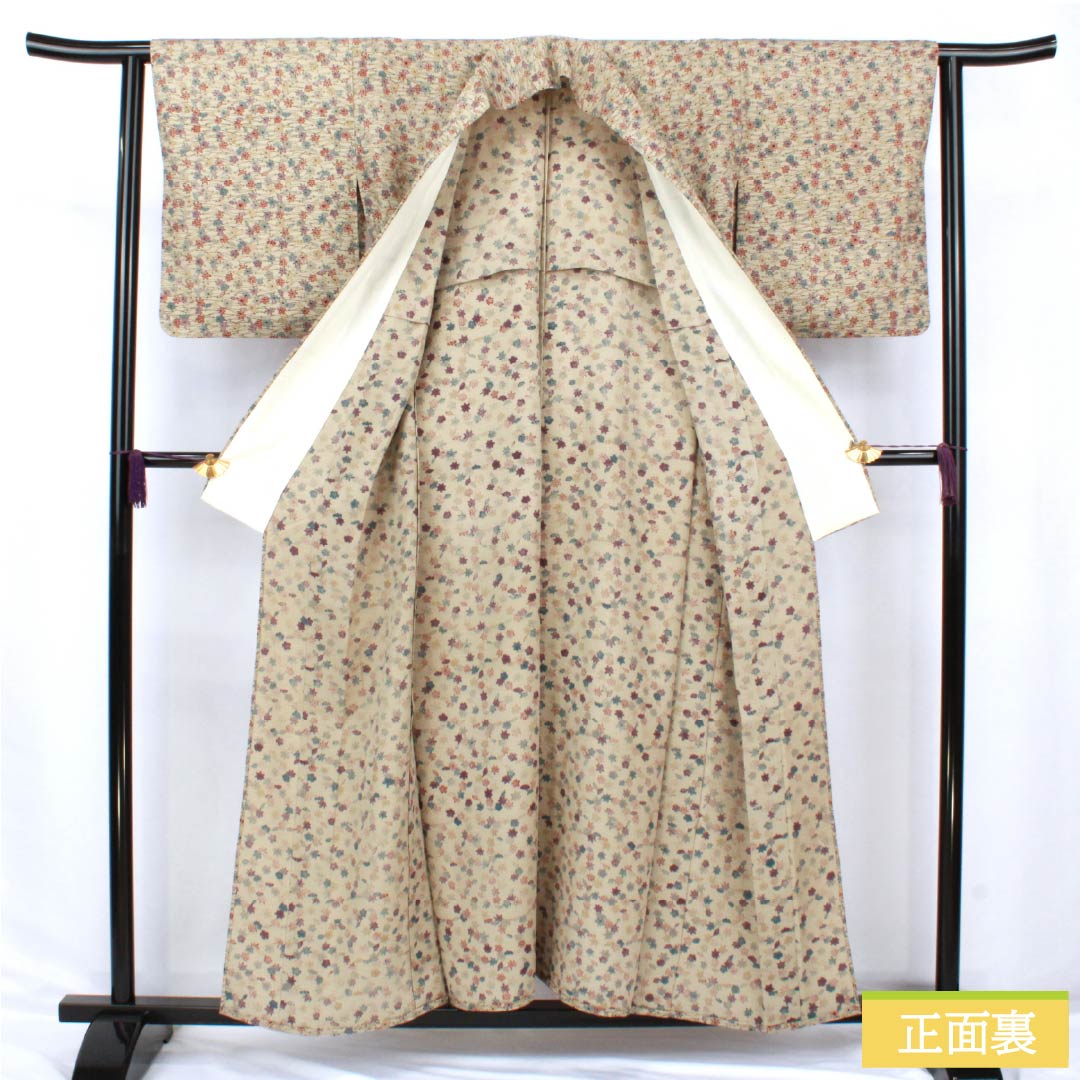 小紋 正絹 Sランク 身丈156.5cm 裄丈63cm 単衣 亜麻色（あまいろ） 作家物 香雲作 松葉 小花 ベージュ系 1115007192325