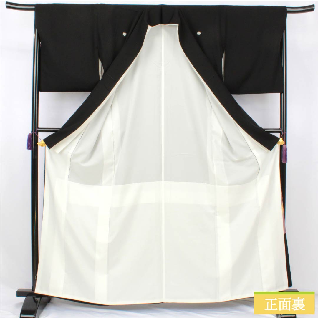 Black Tomesode (Japanese Kimono) - Pure Silk, S Rank, Length 163cm, Sleeve Length 66.5cm, Lined, Kyoto Yuzen, Five Crests, Paulownia, Crane, Noshi, Pine, Plum, Black, 1111002102410