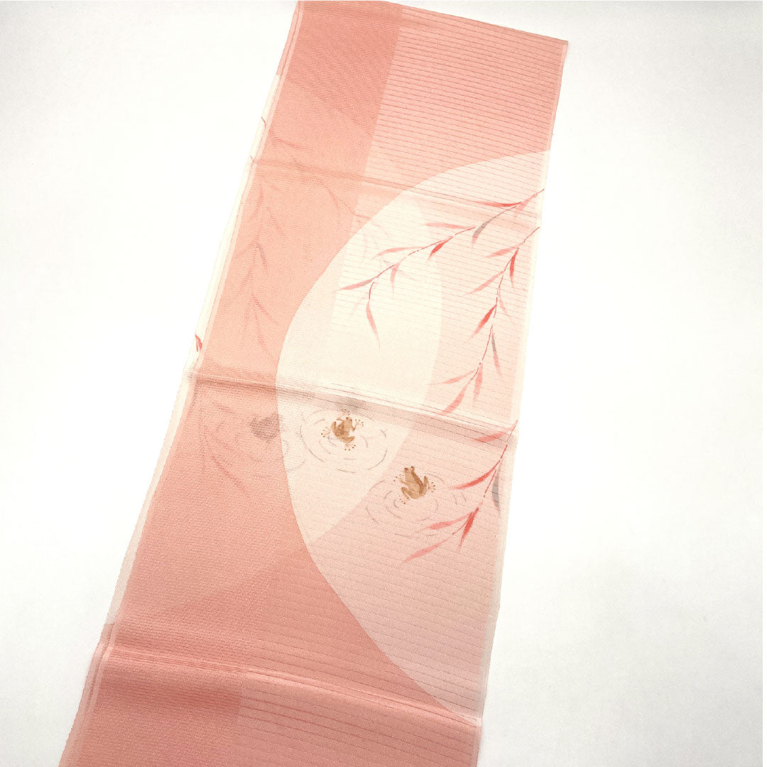 （新古品）帯揚げ 正絹 NEWランク カジュアル 曙色（あけぼのいろ） 夏物 カエル 古典柄 長さ約184cm 幅約30cm ピンク系 1136001531913