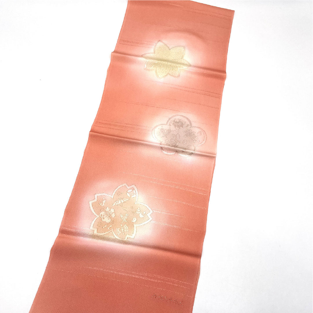 (Like New) Semi-Formal Silk Obiage (Sash) in Pale Red (Usubeniakairo) with Tango Chirimen (Crepe) Design, Autumn Leaves and Cherry Blossoms, Approximately 180cm Long, Approximately 29cm Wide, Red, Product Number 1136001201912