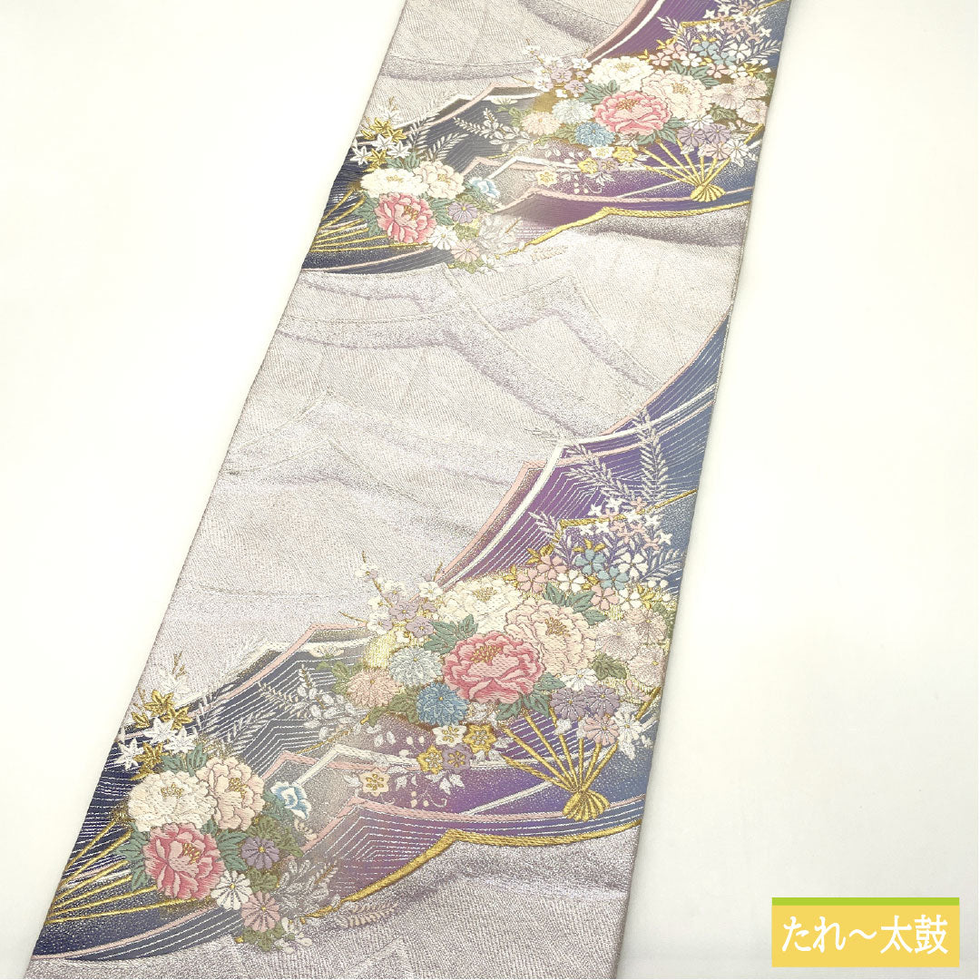 袋帯 正絹 Aランク 花柄 西陣織 帯丈432cm 六通 フォーマル 銀系 1123016643322