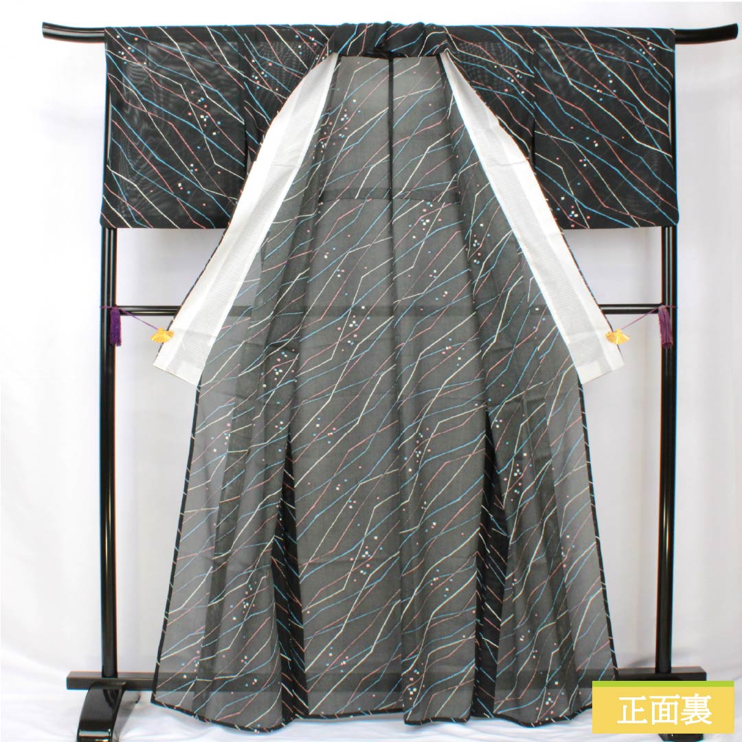 夏物 ポリエステル 小紋 身丈164.5cm 裄丈68cm 幾何学模様 洗える着物 絽 Sランク 黒系 1132002242410