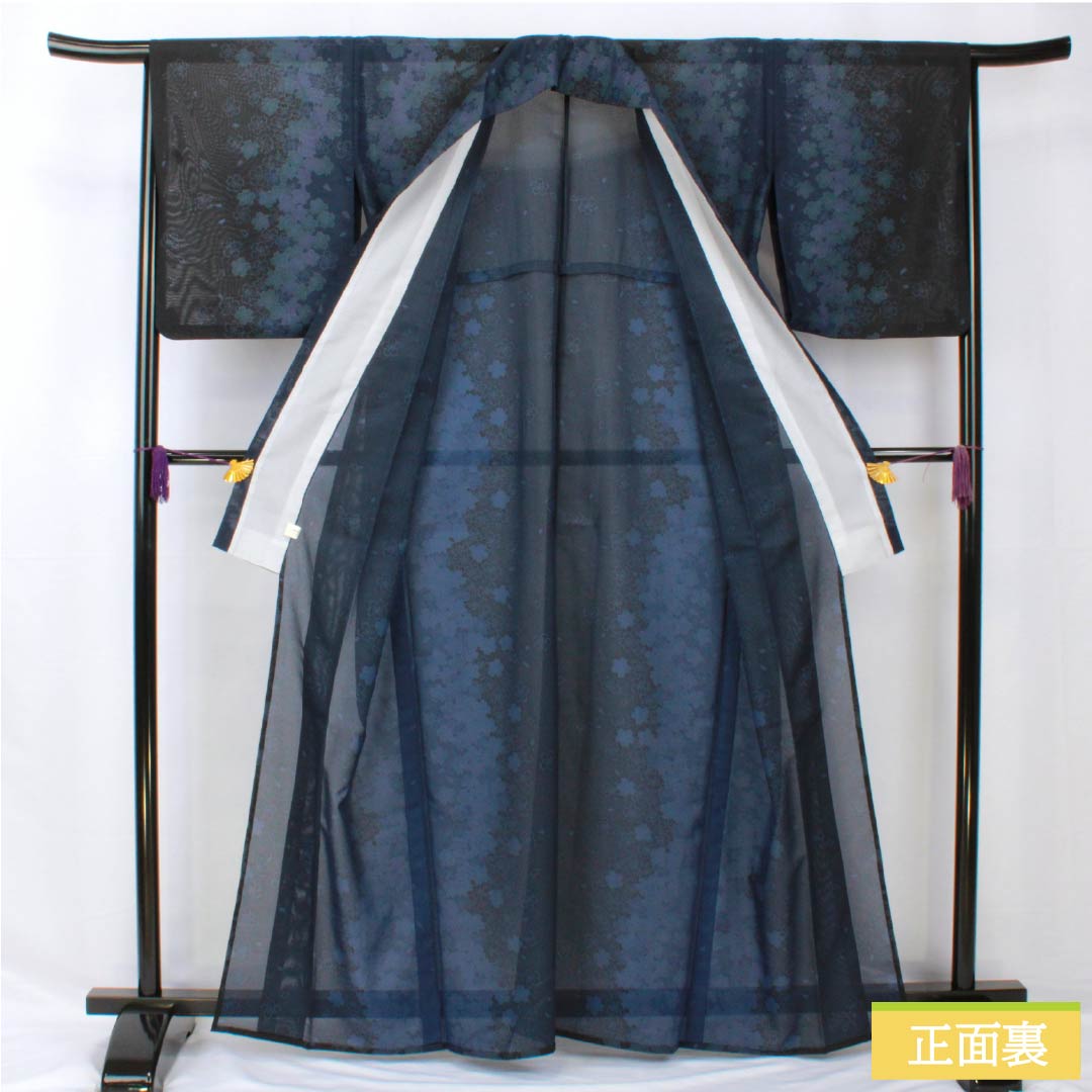 Summer kimono, polyester, small pattern, length 163.5cm, sleeve length 65cm, cherry blossom, washable kimono, gauze, S rank, black, 1132001942410