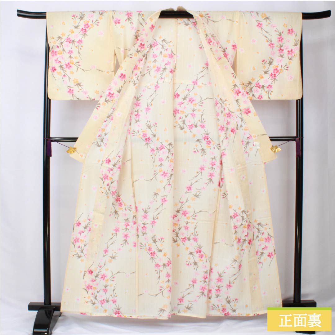 浴衣 木綿 身丈160cm 裄丈66.5cm Aランク 単衣 クリーム系 東京白茶色（とうきょうしらちゃいろ） 桜 1118006033415