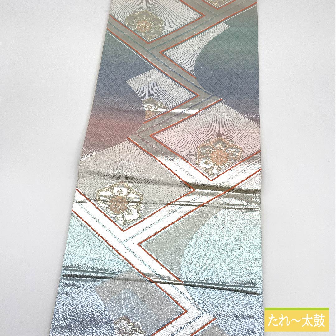 リサイクル着物】袋帯 正絹 銀色（ぎんいろ） 菱 華文 帯丈428cm S 