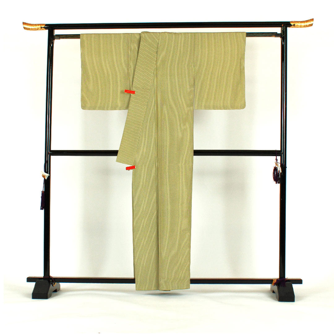 小紋 身丈160.5cm 裄丈64cm 袷  縞模様 ポリ Sランク 緑系 1115000612319