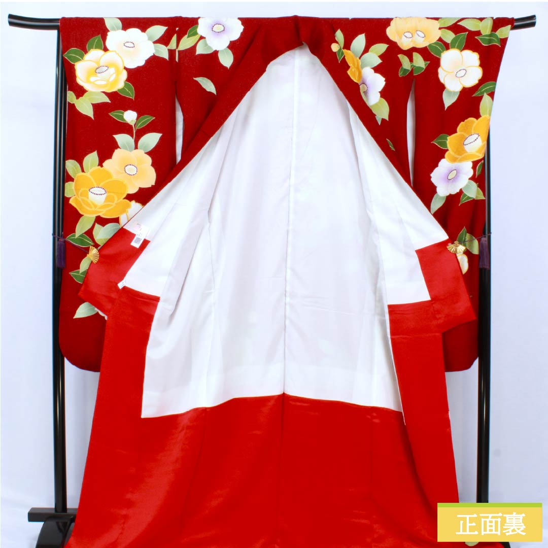 振袖 正絹 Sランク 身丈175.5cm 裄丈71.5cm 袷 紅赤色（べにあかいろ） 椿 さわやかガード加工 銀通し 赤系 1113002202812
