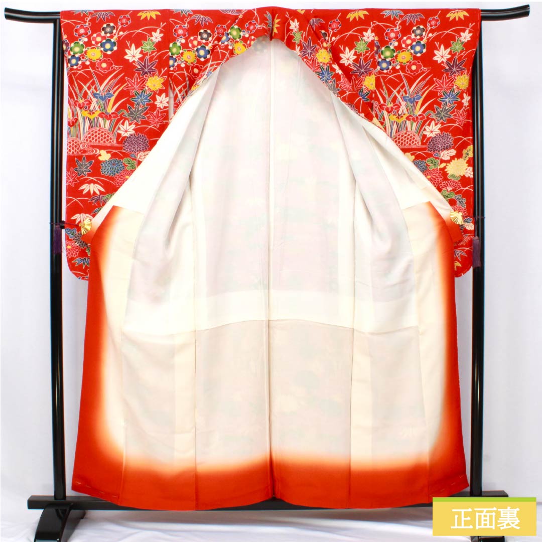 Furisode (long-sleeved kimono) made of pure silk, grade A, length 158.5cm, sleeve length 66cm, lined, red, Kyoto Bingata pattern, auspicious motifs of plum blossoms, irises, and flowing water, red tones, product number 1113002633312